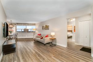 Bright living room with wooden floors and a cozy sofa near a large window.