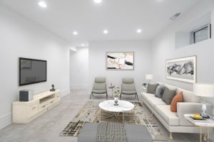 Modern living room with neutral tones and minimalist design.