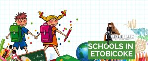Children walking with backpacks and a sign for Etobicoke schools.