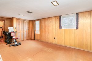Spacious basement room with wood-paneled walls and carpeted floor.